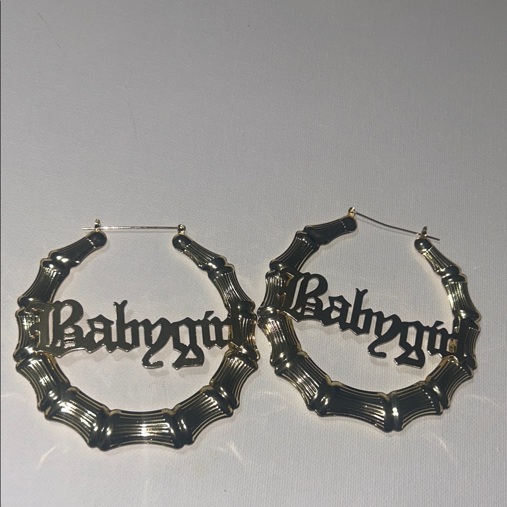 Gold Bamboo Hoop Earrings with 'Babygirl' Script